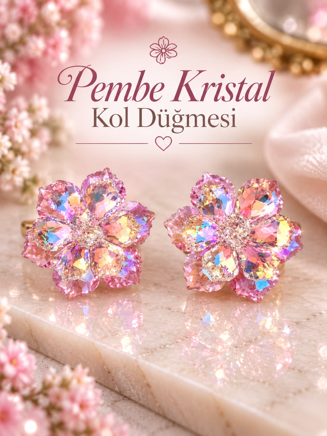 PEMBE KRİSTAL KOL DÜĞMESİ